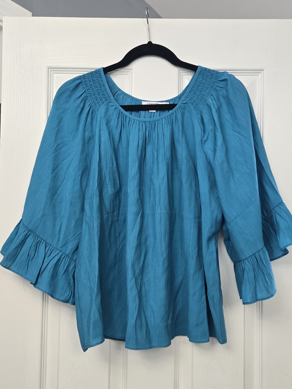 Chico's Turquoise Teal Tiered Ruffle Bell Sleeve Blouse Top Size 0 / US Small